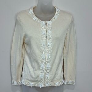 Moda International Silk Cashmere Beaded Cardigan Sweater size Medium Beige white